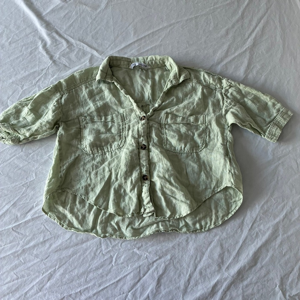Zara 100% Linen Cropped Button Down Shirt Sage Green Short Sleeve Small